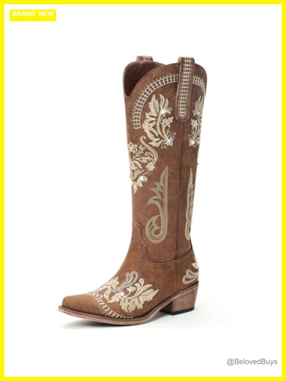 Knee High Western Cowgirl Boots Pointed Toe Chunky Heel Pull On Zipper